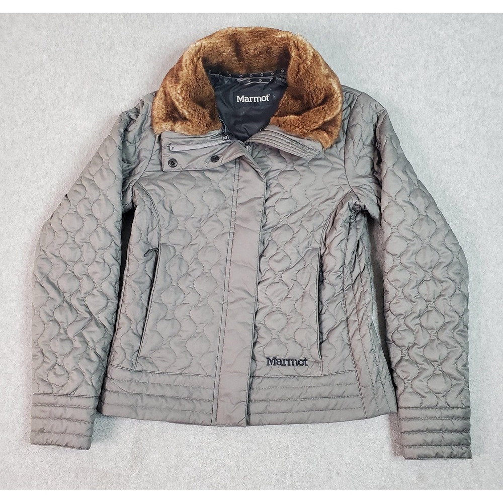 Marmot Jacket Womens Small Gray Quilted Faux Fur Collar Insulated Zip Winter